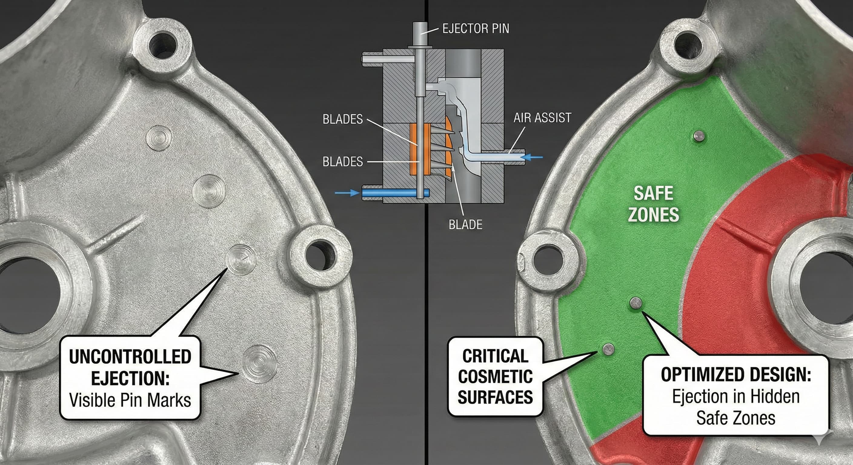 Utstøterstiftmerker: Designe "sikre soner" på kosmetiske støpeoverflater