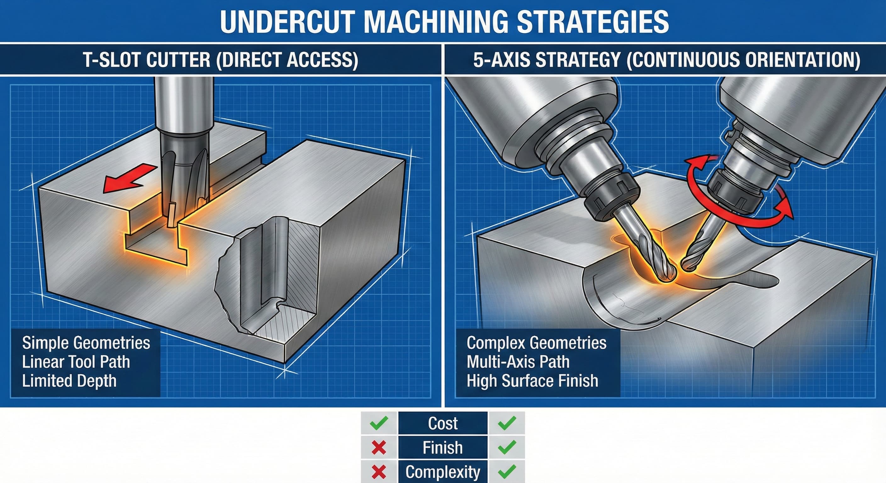 Underskärningar i CNC-bearbetning: T-spårsfräsar kontra 5-axliga strategier