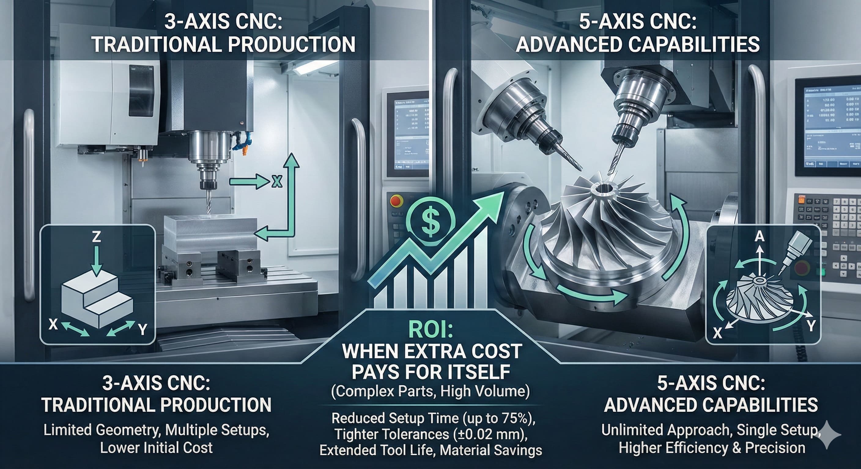 5-akselinen vs. 3-akselinen CNC-jyrsintä: Milloin lisäkustannus maksaa itsensä takaisin